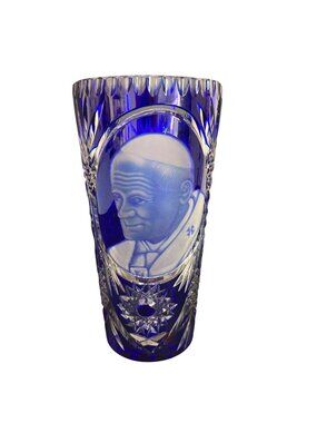 Pope John Paul II Cobalt Blue Cut To Clear Bohemian Glass Vase